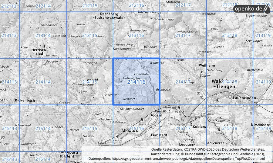 Übersichtskarte des KOSTRA-DWD-2020-Rasterfeldes Nr. 214116