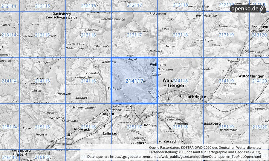 Übersichtskarte des KOSTRA-DWD-2020-Rasterfeldes Nr. 214117