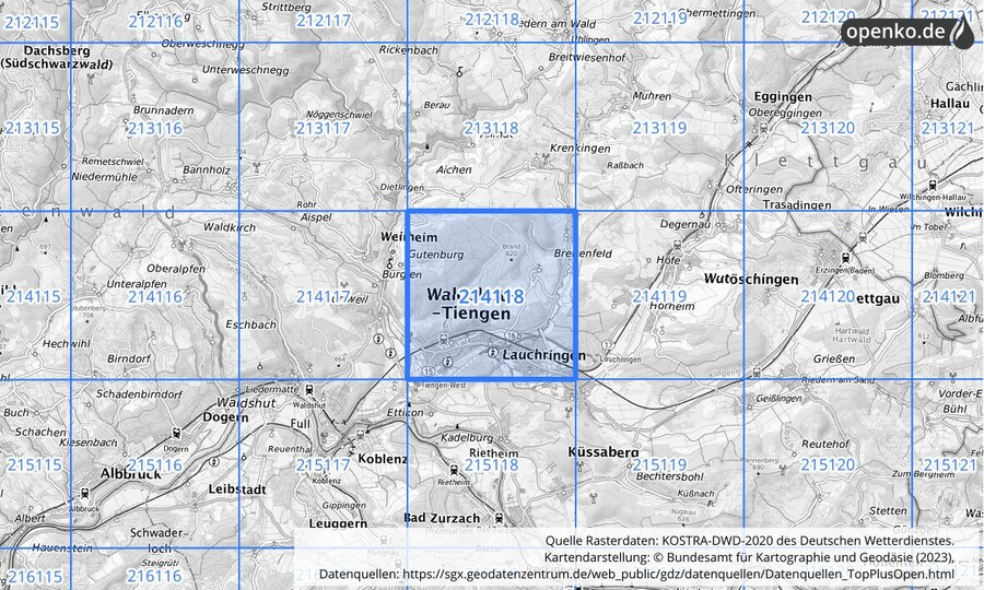Übersichtskarte des KOSTRA-DWD-2020-Rasterfeldes Nr. 214118