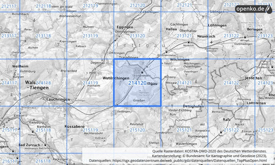 Übersichtskarte des KOSTRA-DWD-2020-Rasterfeldes Nr. 214120