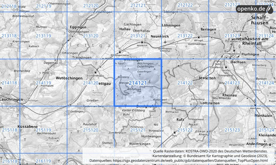 Übersichtskarte des KOSTRA-DWD-2020-Rasterfeldes Nr. 214121