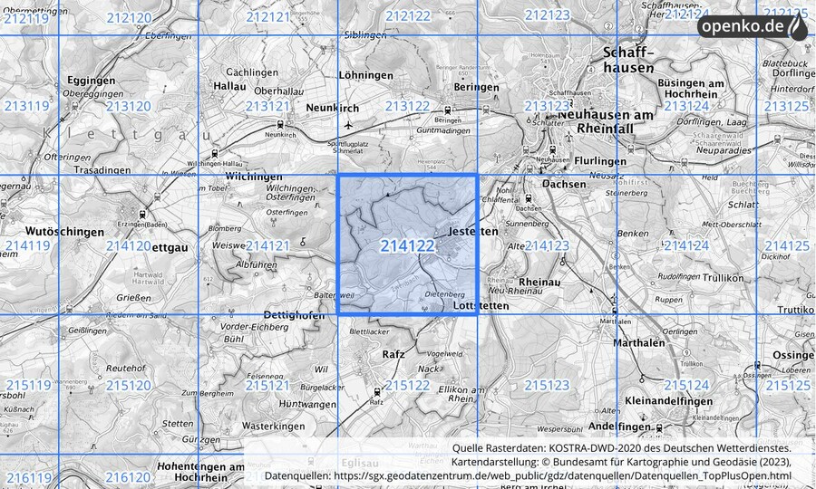 Übersichtskarte des KOSTRA-DWD-2020-Rasterfeldes Nr. 214122