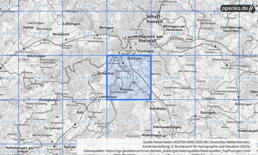 Übersichtskarte des KOSTRA-DWD-2020-Rasterfeldes Nr. 214123