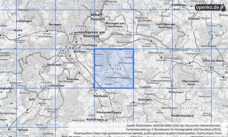 Übersichtskarte des KOSTRA-DWD-2020-Rasterfeldes Nr. 214124