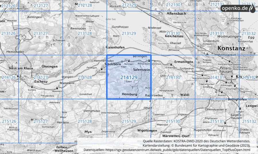 Übersichtskarte des KOSTRA-DWD-2020-Rasterfeldes Nr. 214129