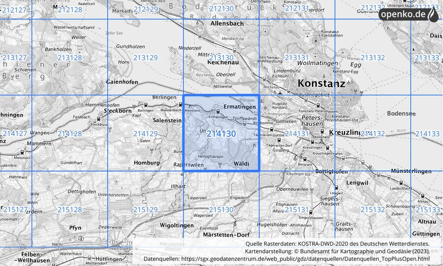 Übersichtskarte des KOSTRA-DWD-2020-Rasterfeldes Nr. 214130