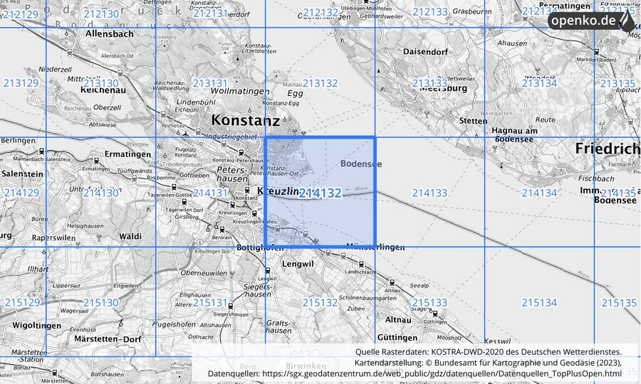 Übersichtskarte des KOSTRA-DWD-2020-Rasterfeldes Nr. 214132