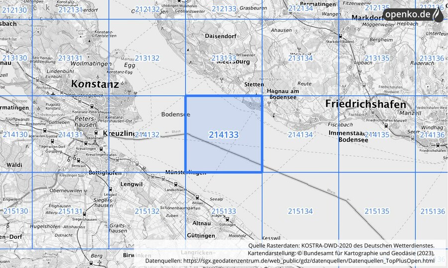 Übersichtskarte des KOSTRA-DWD-2020-Rasterfeldes Nr. 214133