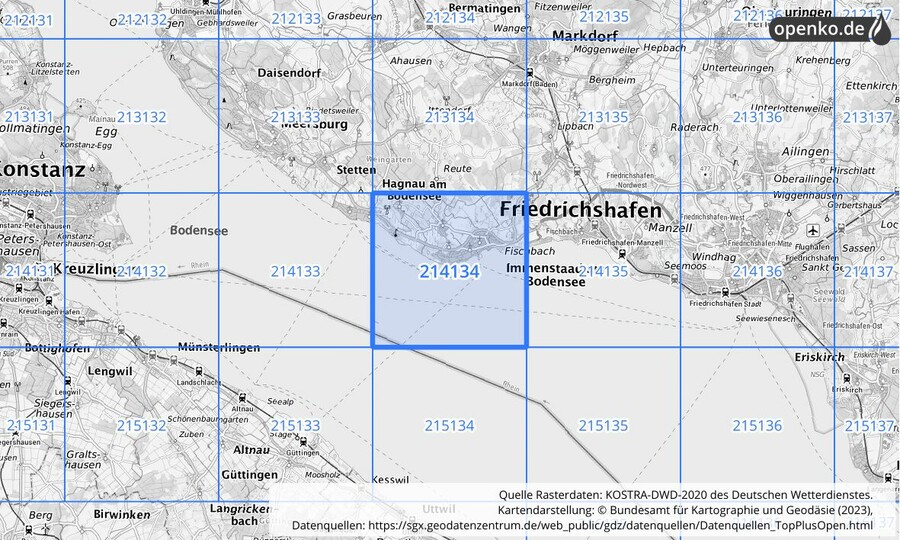 Übersichtskarte des KOSTRA-DWD-2020-Rasterfeldes Nr. 214134