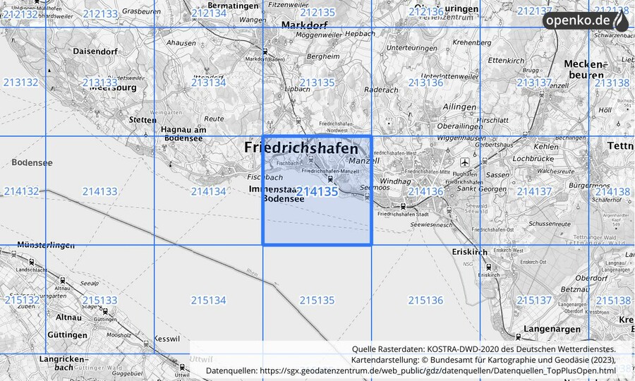 Übersichtskarte des KOSTRA-DWD-2020-Rasterfeldes Nr. 214135