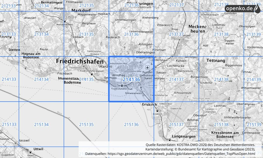 Übersichtskarte des KOSTRA-DWD-2020-Rasterfeldes Nr. 214136