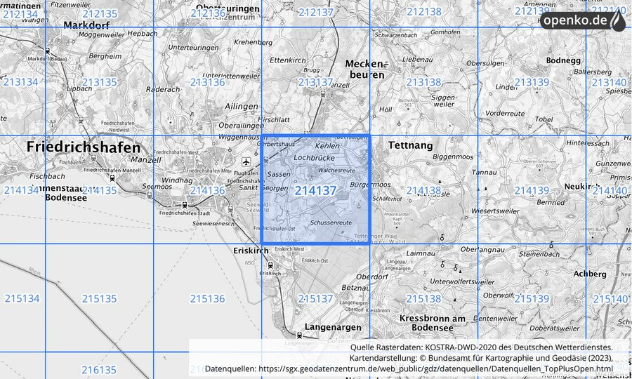 Übersichtskarte des KOSTRA-DWD-2020-Rasterfeldes Nr. 214137