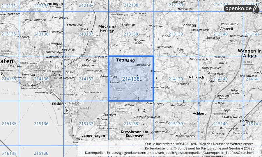 Übersichtskarte des KOSTRA-DWD-2020-Rasterfeldes Nr. 214138