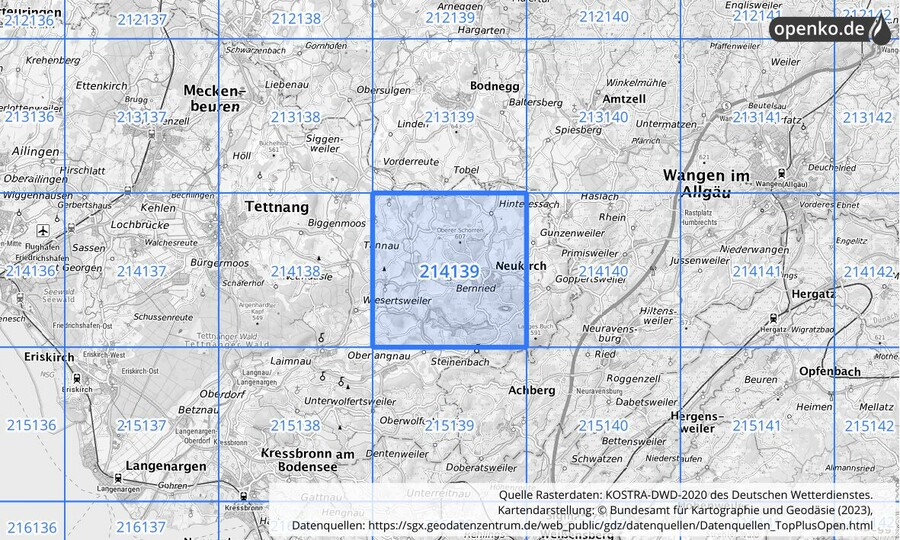 Übersichtskarte des KOSTRA-DWD-2020-Rasterfeldes Nr. 214139