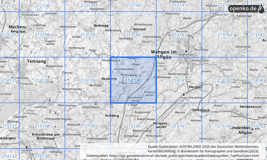 Übersichtskarte des KOSTRA-DWD-2020-Rasterfeldes Nr. 214140