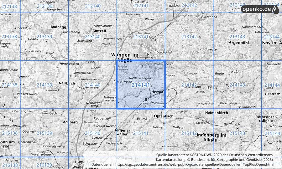 Übersichtskarte des KOSTRA-DWD-2020-Rasterfeldes Nr. 214141