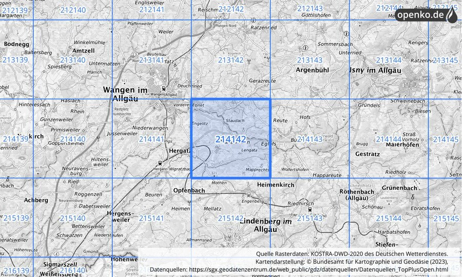 Übersichtskarte des KOSTRA-DWD-2020-Rasterfeldes Nr. 214142