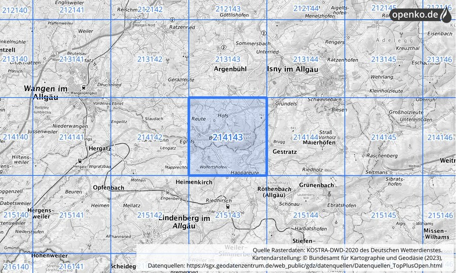 Übersichtskarte des KOSTRA-DWD-2020-Rasterfeldes Nr. 214143
