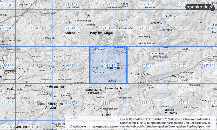 Übersichtskarte des KOSTRA-DWD-2020-Rasterfeldes Nr. 214144