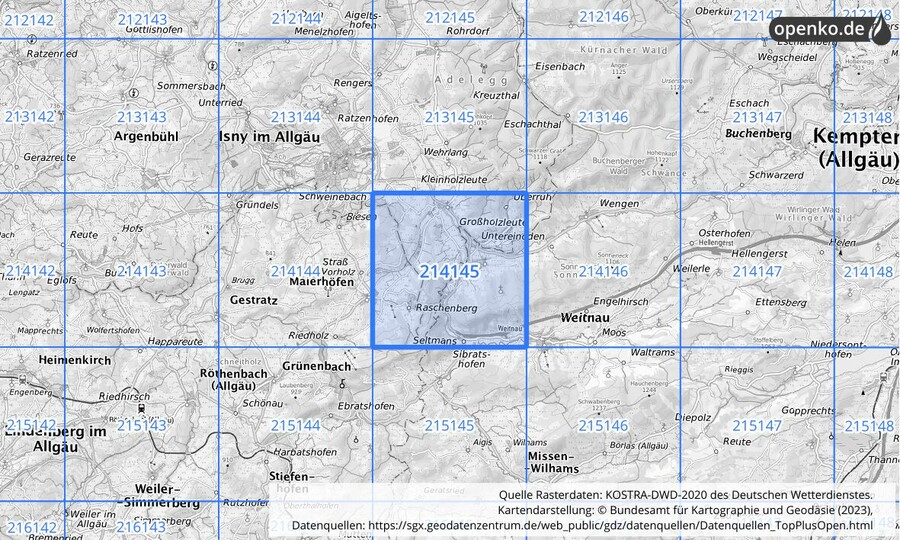 Übersichtskarte des KOSTRA-DWD-2020-Rasterfeldes Nr. 214145