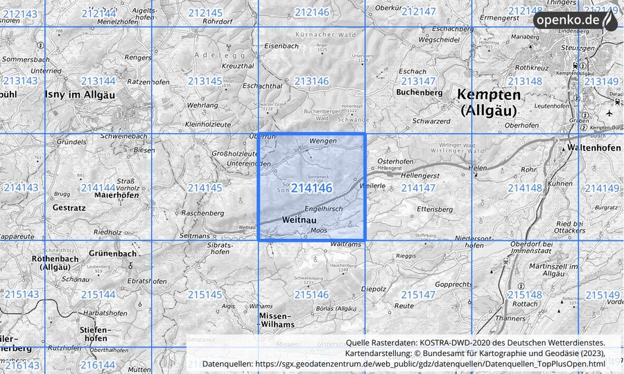 Übersichtskarte des KOSTRA-DWD-2020-Rasterfeldes Nr. 214146