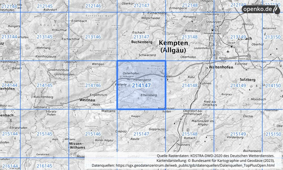 Übersichtskarte des KOSTRA-DWD-2020-Rasterfeldes Nr. 214147
