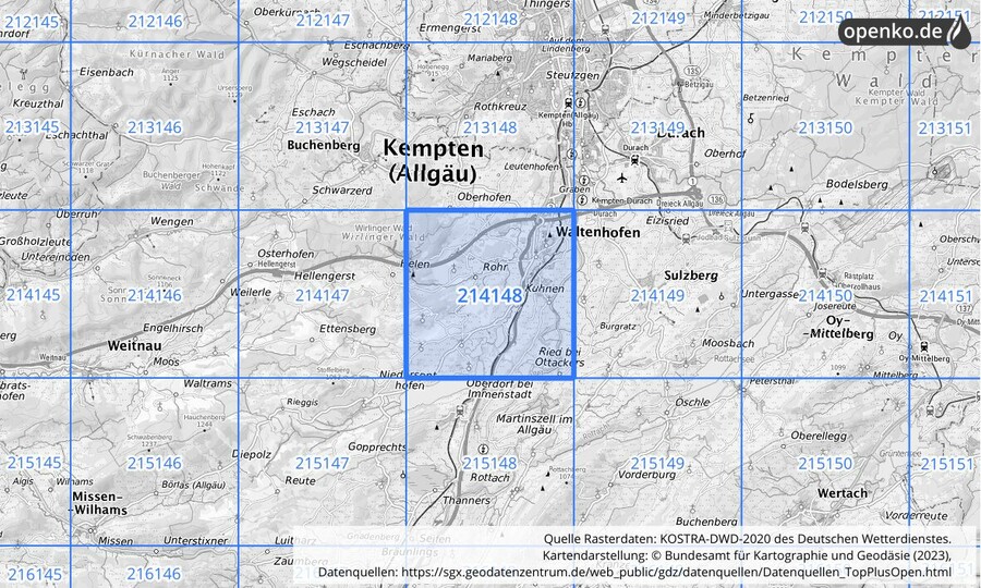 Übersichtskarte des KOSTRA-DWD-2020-Rasterfeldes Nr. 214148