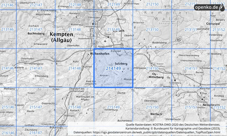 Übersichtskarte des KOSTRA-DWD-2020-Rasterfeldes Nr. 214149