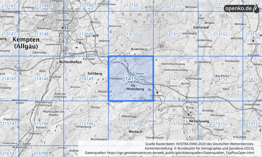 Übersichtskarte des KOSTRA-DWD-2020-Rasterfeldes Nr. 214150
