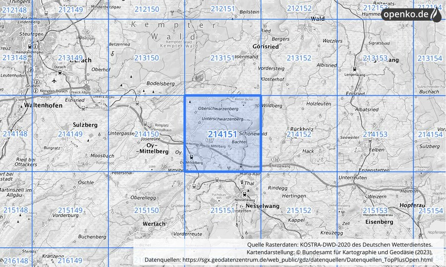 Übersichtskarte des KOSTRA-DWD-2020-Rasterfeldes Nr. 214151