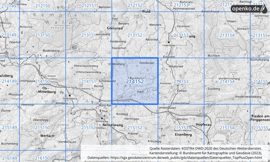 Übersichtskarte des KOSTRA-DWD-2020-Rasterfeldes Nr. 214152