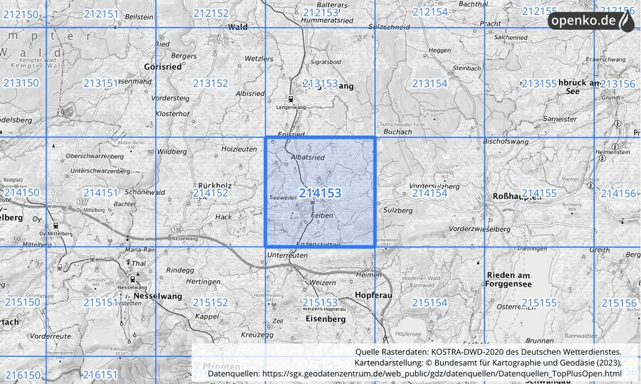 Übersichtskarte des KOSTRA-DWD-2020-Rasterfeldes Nr. 214153