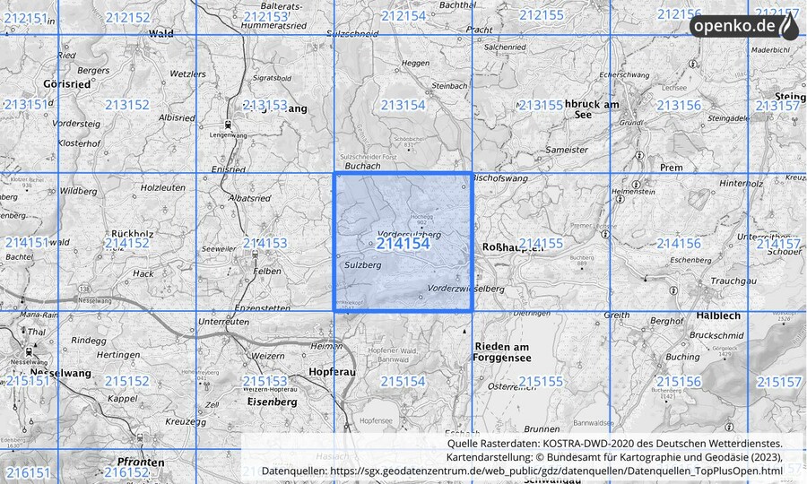 Übersichtskarte des KOSTRA-DWD-2020-Rasterfeldes Nr. 214154