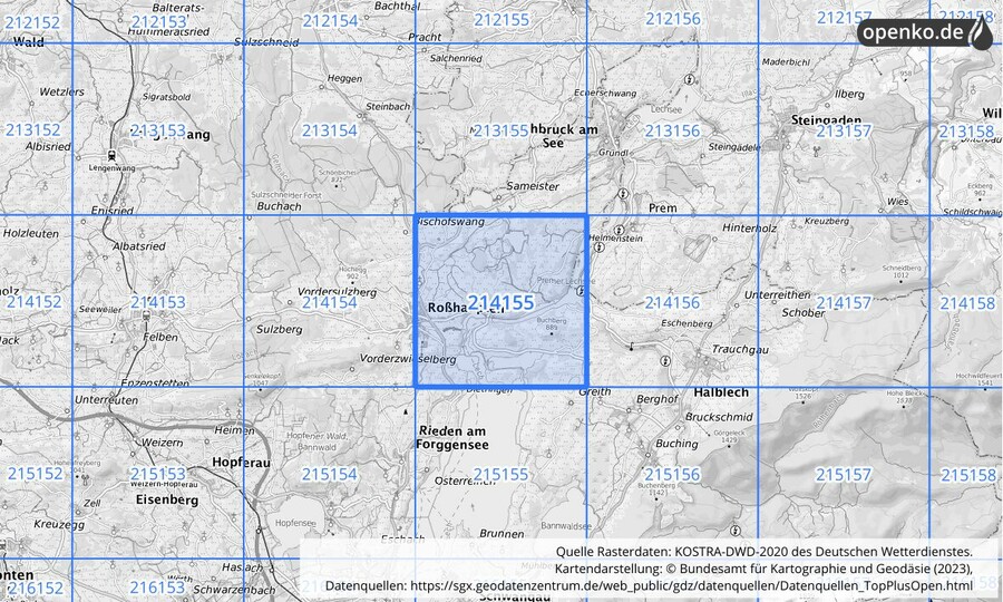 Übersichtskarte des KOSTRA-DWD-2020-Rasterfeldes Nr. 214155