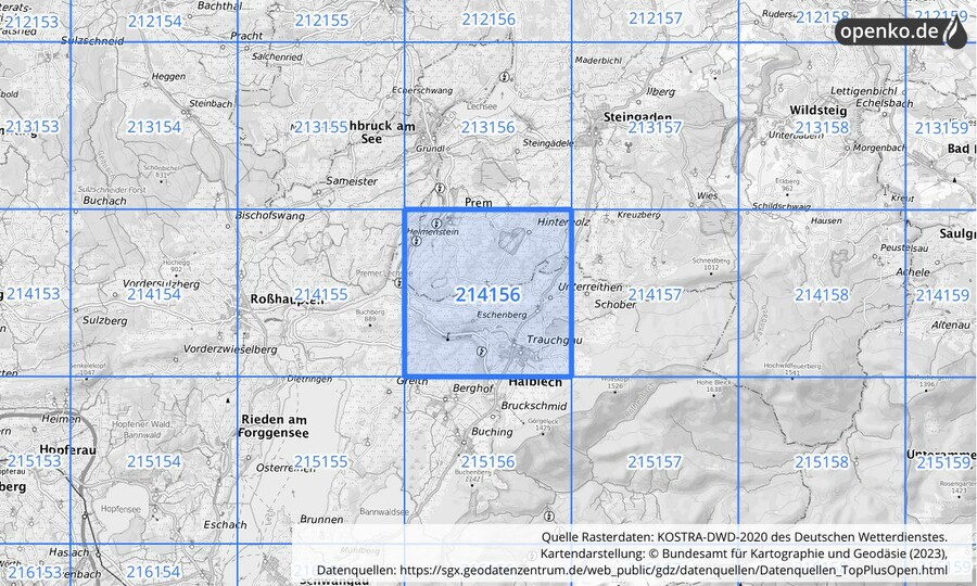 Übersichtskarte des KOSTRA-DWD-2020-Rasterfeldes Nr. 214156