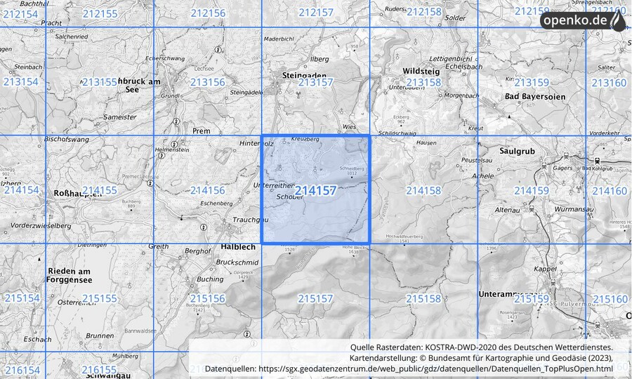 Übersichtskarte des KOSTRA-DWD-2020-Rasterfeldes Nr. 214157