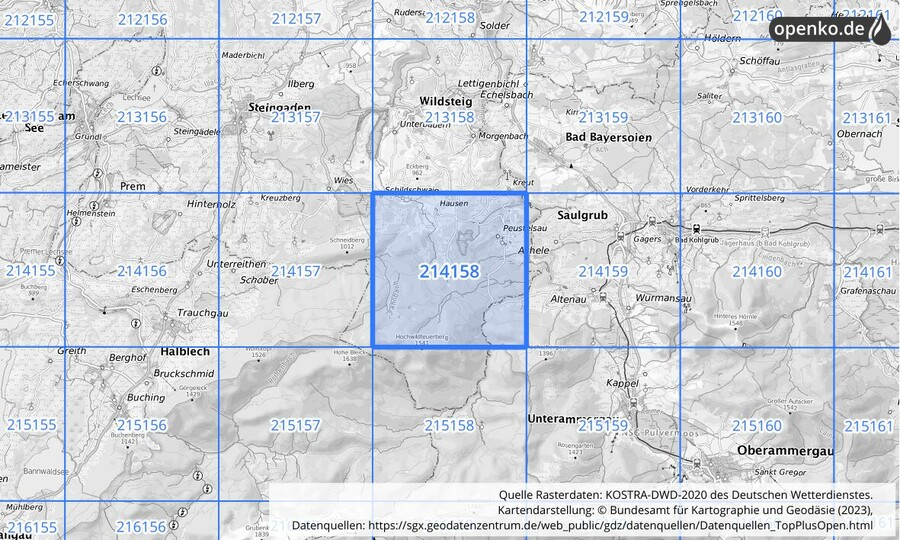 Übersichtskarte des KOSTRA-DWD-2020-Rasterfeldes Nr. 214158