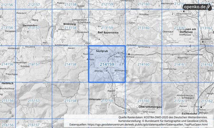 Übersichtskarte des KOSTRA-DWD-2020-Rasterfeldes Nr. 214159