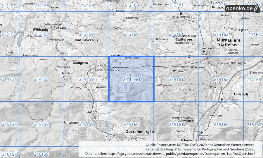 Übersichtskarte des KOSTRA-DWD-2020-Rasterfeldes Nr. 214160