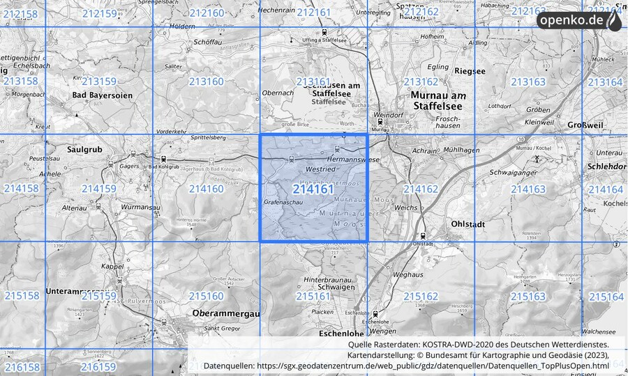 Übersichtskarte des KOSTRA-DWD-2020-Rasterfeldes Nr. 214161