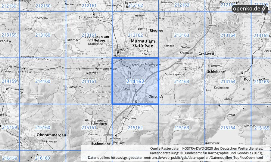 Übersichtskarte des KOSTRA-DWD-2020-Rasterfeldes Nr. 214162
