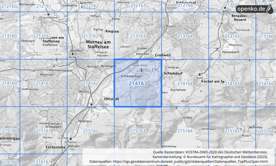 Übersichtskarte des KOSTRA-DWD-2020-Rasterfeldes Nr. 214163