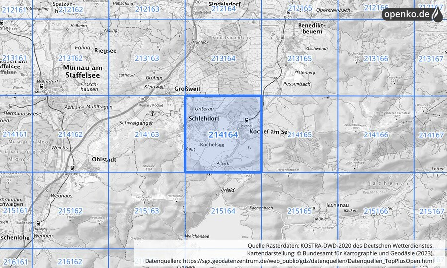 Übersichtskarte des KOSTRA-DWD-2020-Rasterfeldes Nr. 214164