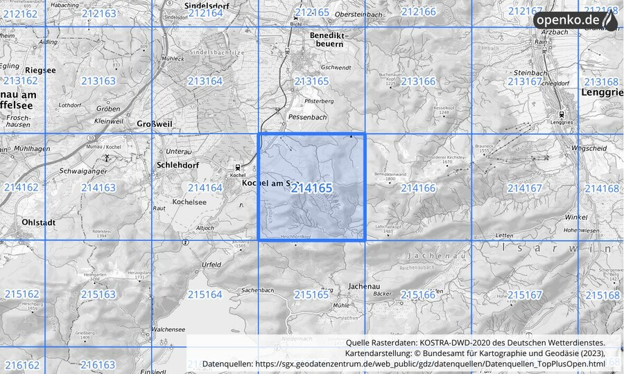 Übersichtskarte des KOSTRA-DWD-2020-Rasterfeldes Nr. 214165