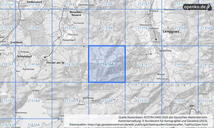 Übersichtskarte des KOSTRA-DWD-2020-Rasterfeldes Nr. 214166