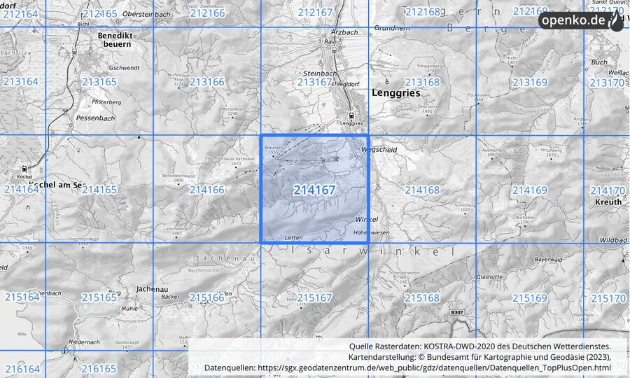 Übersichtskarte des KOSTRA-DWD-2020-Rasterfeldes Nr. 214167