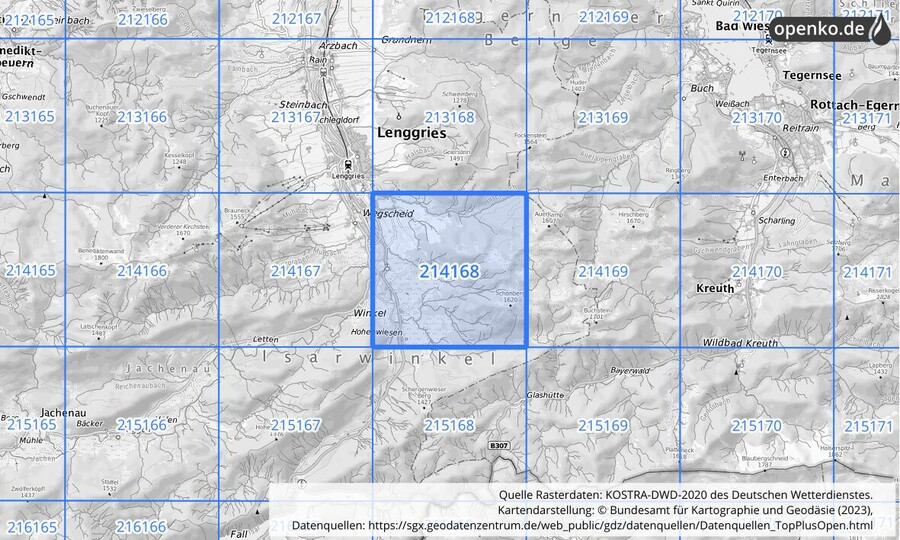 Übersichtskarte des KOSTRA-DWD-2020-Rasterfeldes Nr. 214168