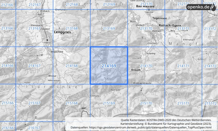 Übersichtskarte des KOSTRA-DWD-2020-Rasterfeldes Nr. 214169