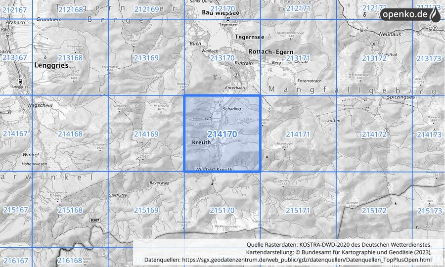 Übersichtskarte des KOSTRA-DWD-2020-Rasterfeldes Nr. 214170