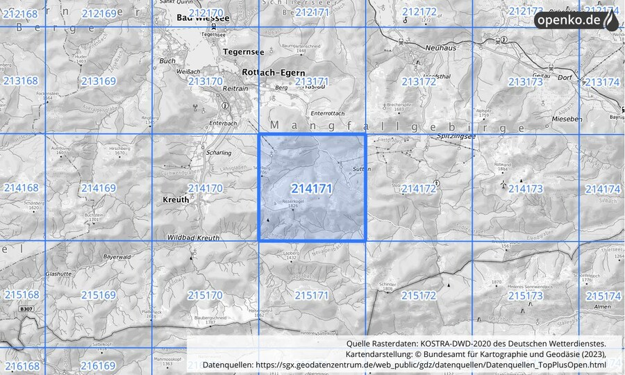 Übersichtskarte des KOSTRA-DWD-2020-Rasterfeldes Nr. 214171